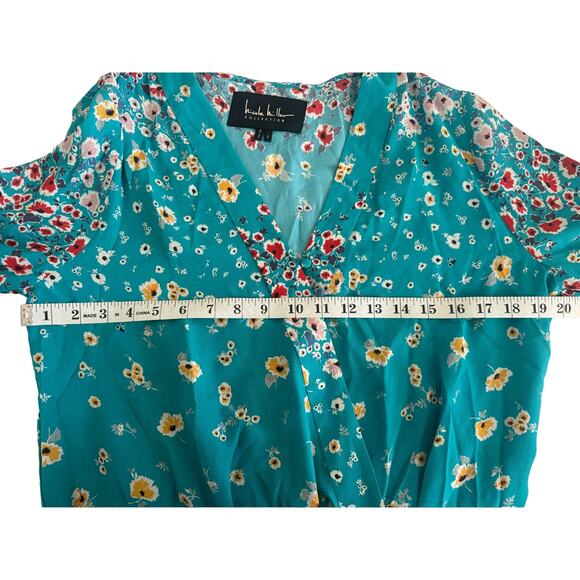 Nicole Miller Womens V Front Blouson Bodysuit in Turquoise Floral Size S - Picture 7 of 8